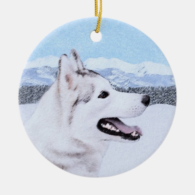 Siberian Husky (Silver and White) Painting Dog Art Ceramic Ornament (Front)