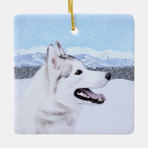 Siberian Husky Silver and White Painting Dog Art Ceramic Ornament