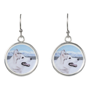 Siberian Husky (Silver and White) Painting Dog Art Earrings