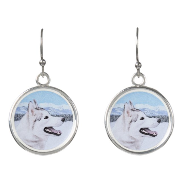 Siberian Husky (Silver and White) Painting Dog Art Earrings (Front)