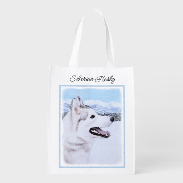 Siberian Husky (Silver and White) Painting Dog Art Grocery Bag (Back)