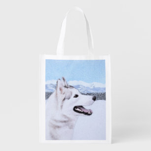 Siberian Husky (Silver and White) Painting Dog Art Grocery Bag