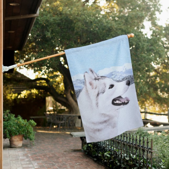 Siberian Husky (Silver and White) Painting Dog Art House Flag (In SItu)