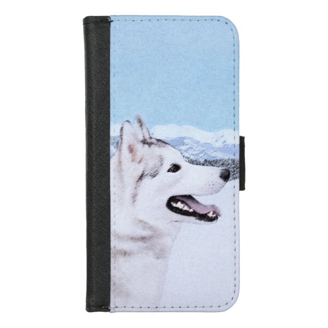Siberian Husky (Silver and White) Painting Dog Art iPhone Wallet Case (Front)
