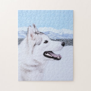 Siberian Husky (Silver and White) Painting Dog Art Jigsaw Puzzle