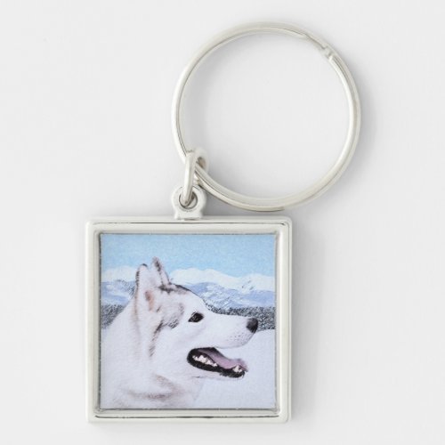 Siberian Husky Silver and White Painting Dog Art Keychain