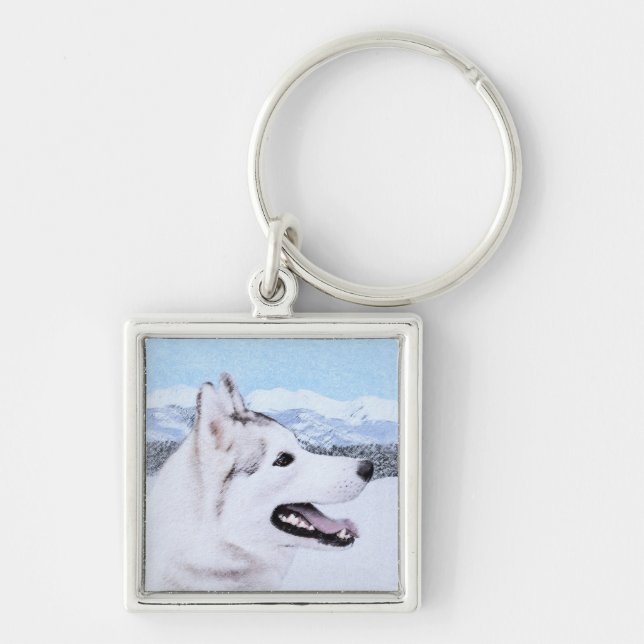 Siberian Husky (Silver and White) Painting Dog Art Keychain (Front)