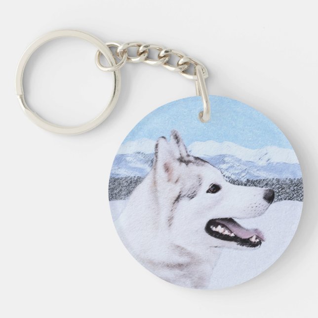 Siberian Husky (Silver and White) Painting Dog Art Keychain (Front)