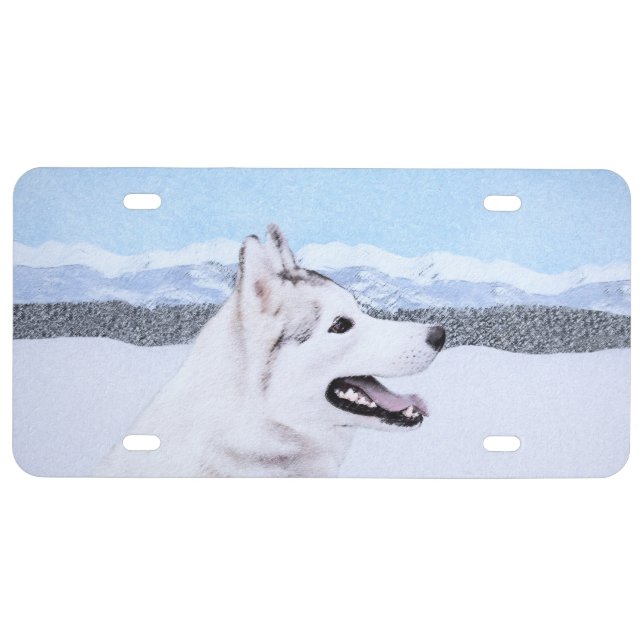 Siberian Husky (Silver and White) Painting Dog Art License Plate (Front)