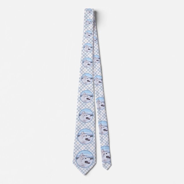 Siberian Husky (Silver and White) Painting Dog Art Neck Tie (Front)