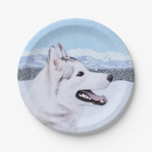 Siberian Husky (Silver and White) Painting Dog Art Paper Plates