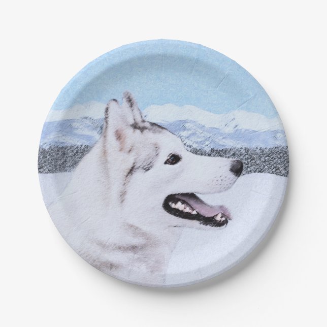 Siberian Husky (Silver and White) Painting Dog Art Paper Plates (Front)