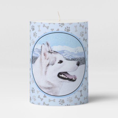 Siberian Husky Silver and White Painting Dog Art Pillar Candle