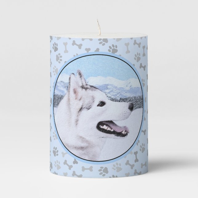 Siberian Husky (Silver and White) Painting Dog Art Pillar Candle (Front)