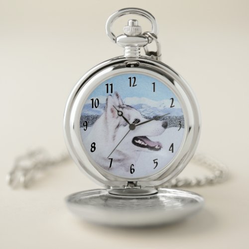 Siberian Husky Silver and White Painting Dog Art Pocket Watch