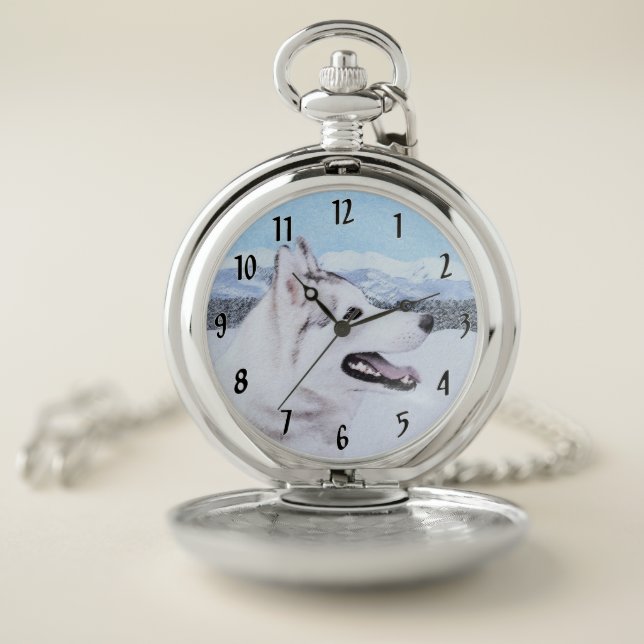 Siberian Husky (Silver and White) Painting Dog Art Pocket Watch (Inside)