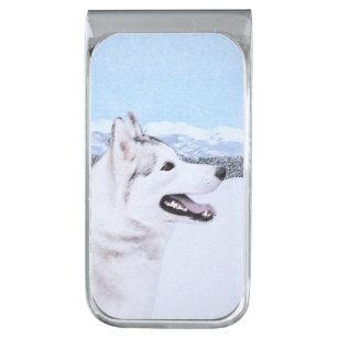 Siberian Husky (Silver and White) Painting Dog Art Silver Finish Money Clip