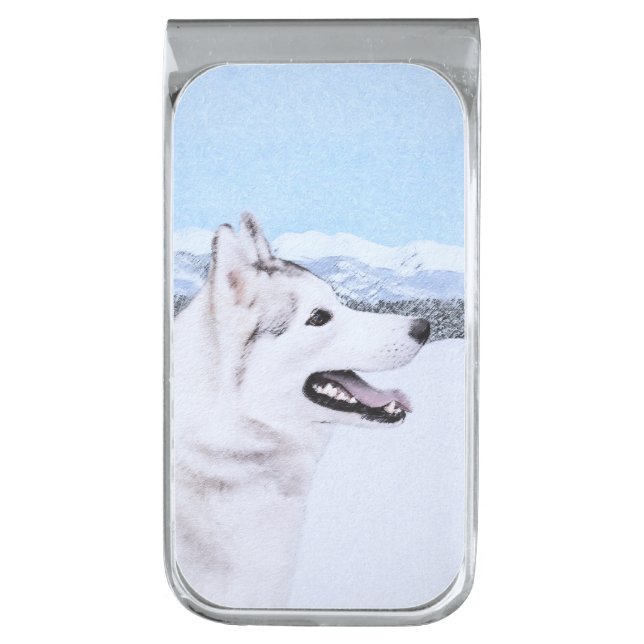 Siberian Husky (Silver and White) Painting Dog Art Silver Finish Money Clip (Front Vertical)