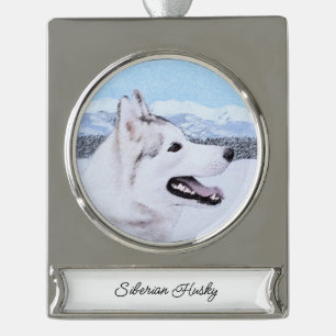Siberian Husky (Silver and White) Painting Dog Art Silver Plated Banner Ornament