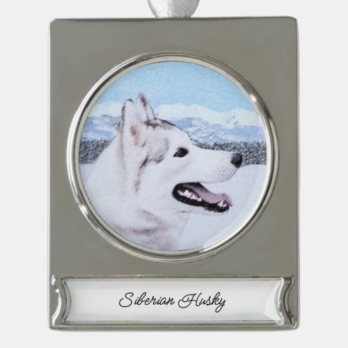 Siberian Husky Silver and White Painting Dog Art Silver Plated Banner Ornament