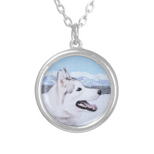 Siberian Husky Silver and White Painting Dog Art Silver Plated Necklace