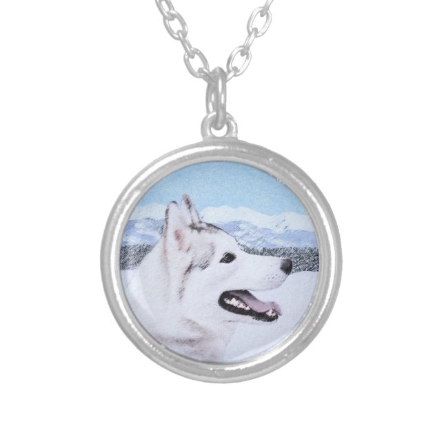 Siberian Husky (Silver and White) Painting Dog Art Silver Plated Necklace (Front)