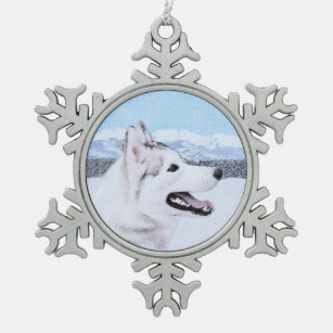 Siberian Husky (Silver and White) Painting Dog Art Snowflake Pewter Christmas Ornament