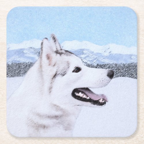 Siberian Husky Silver and White Painting Dog Art Square Paper Coaster