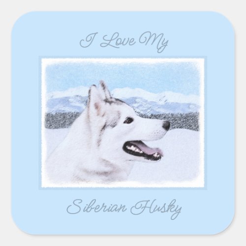 Siberian Husky Silver and White Painting Dog Art Square Sticker