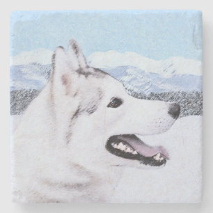 Siberian Husky (Silver and White) Painting Dog Art Stone Coaster