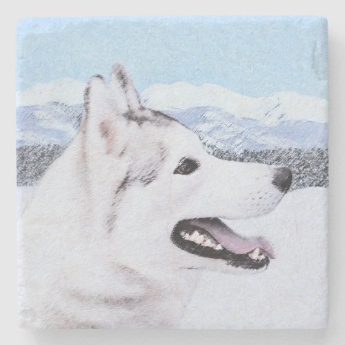 Siberian Husky Silver and White Painting Dog Art Stone Coaster