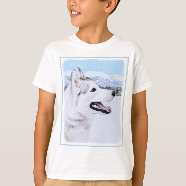 Siberian Husky (Silver and White) Painting Dog Art T-Shirt (Front)