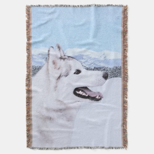 Siberian Husky Silver and White Painting Dog Art Throw Blanket