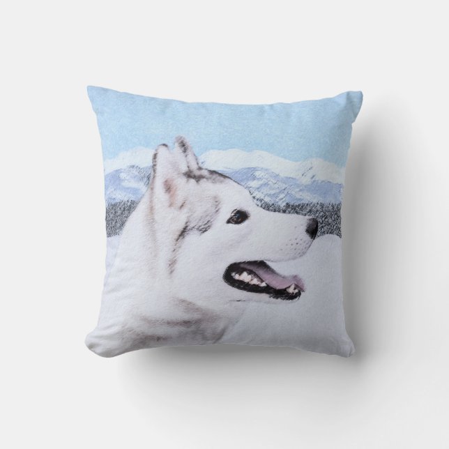 Siberian Husky (Silver and White) Painting Dog Art Throw Pillow (Front)
