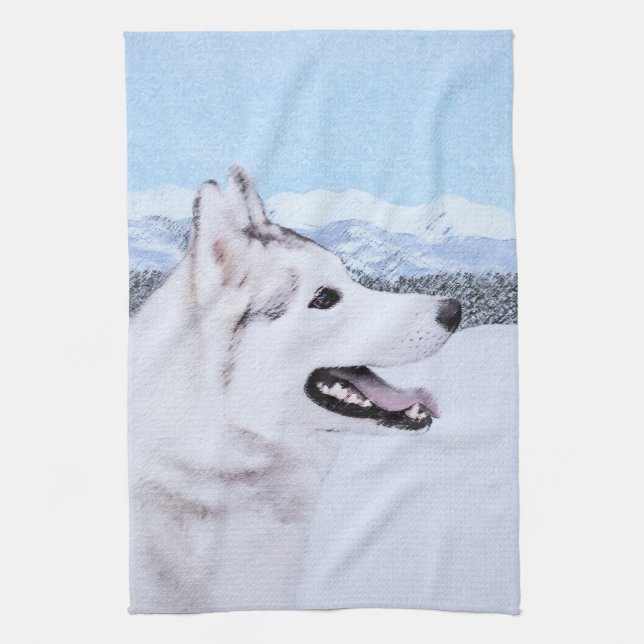 Siberian Husky (Silver and White) Painting Dog Art Towel (Vertical)