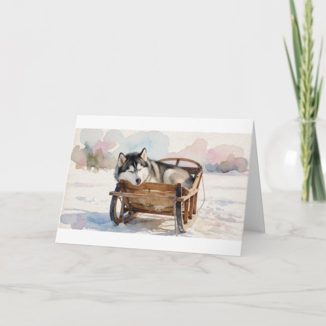 Siberian Husky Sleeping In The Sled Basket Greetin Card