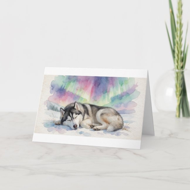 Siberian Husky Sleeping Under The Northern Lights  Card