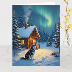 Siberian Husky Snowy Cabin Christmas Painting Card