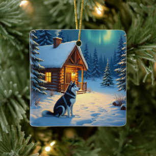 Siberian Husky Snowy Cabin Christmas Painting Ceramic Ornament