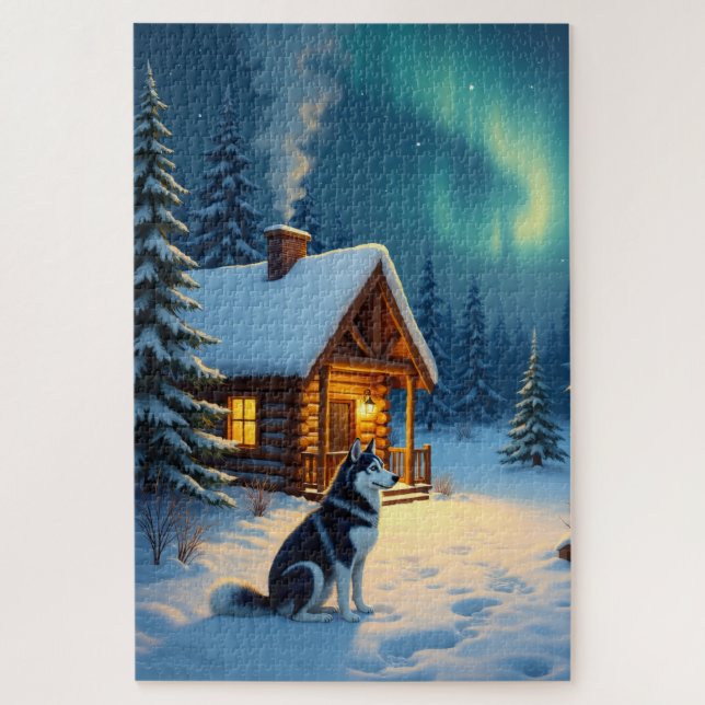 Siberian Husky Snowy Cabin Christmas Painting Jigsaw Puzzle (Vertical)