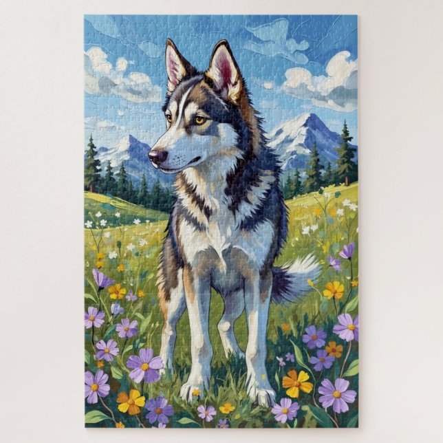 Siberian Husky Spring Wildflower Meadow Dog Jigsaw Puzzle (Vertical)