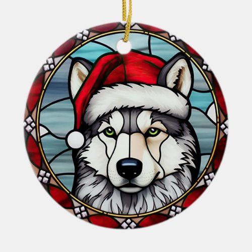 Siberian Husky Stained Glass Christmas Ceramic Ornament