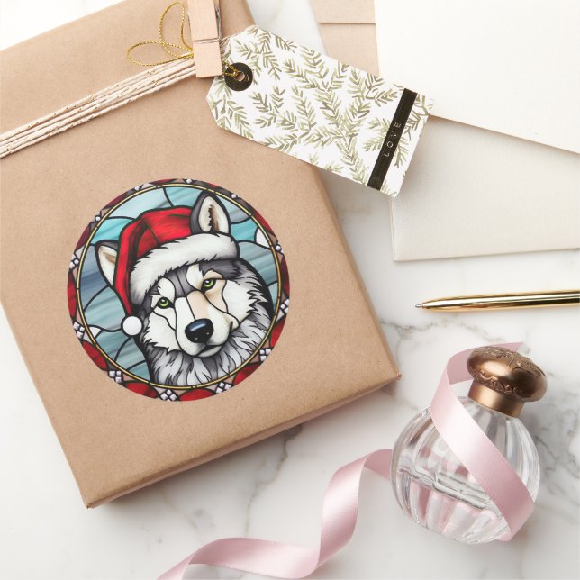 Siberian Husky Stained Glass Christmas Classic Round Sticker (Gifting)