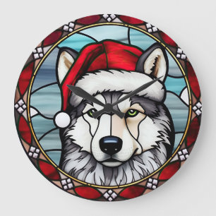 Siberian Husky Stained Glass Christmas Large Clock