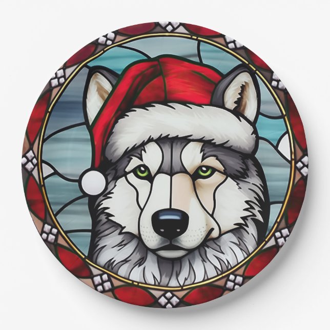Siberian Husky Stained Glass Christmas Paper Plates (Front)