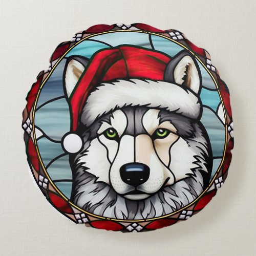 Siberian Husky Stained Glass Christmas Round Pillow