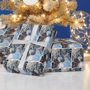 Siberian Husky Staring At a Snowman Wrapping Paper