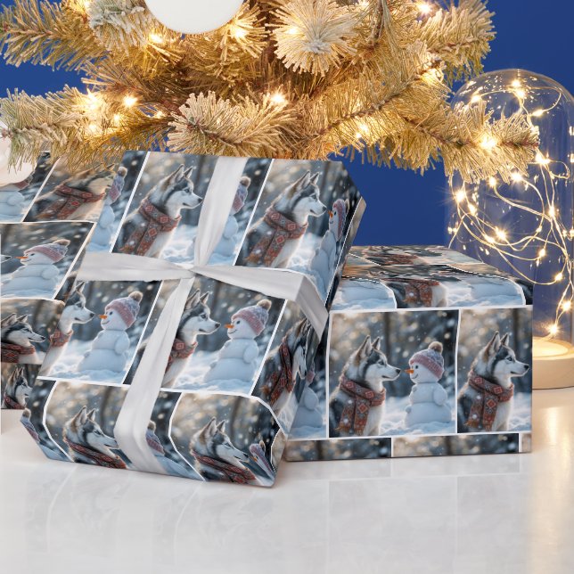 Siberian Husky Staring At a Snowman Wrapping Paper (Holidays)