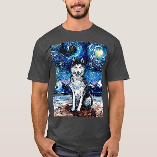Siberian Husky Starry Night Dog Lover Art by Aja T_Shirt