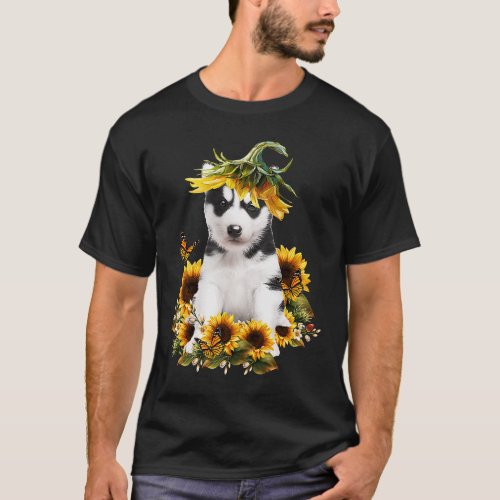 Siberian Husky Sunflower Butterfly Cute Dog T_Shirt